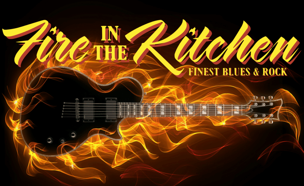 Artwork einer Gitarre mit Flammen im Hintergrund. Darüber der Bandname.